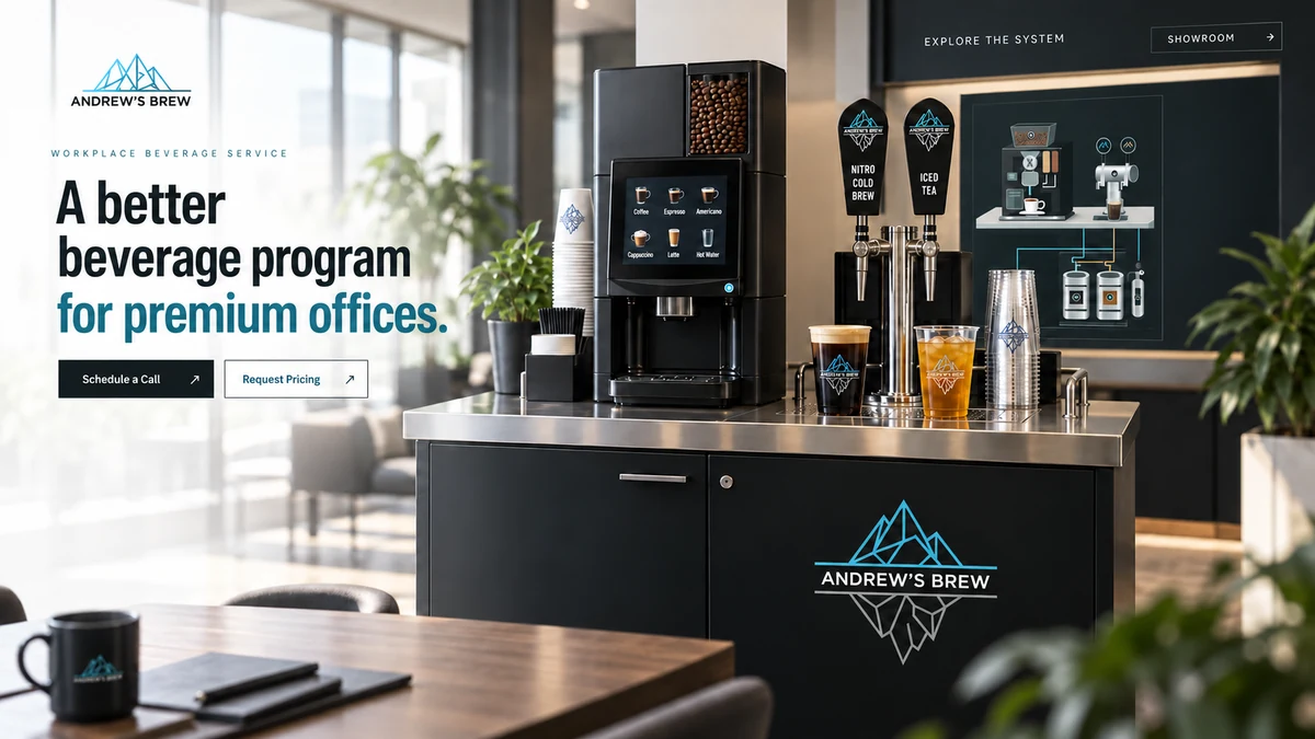 Andrew's Brew explanatory composite combining its website, workplace beverage service and interactive showroom. A generated graphic grounded in the founder-operated business, not a photograph of an installed showroom.